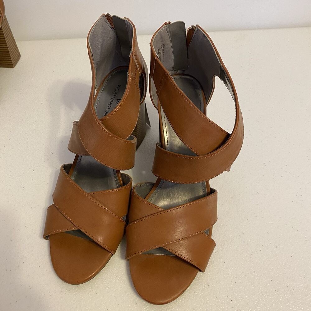 Women's 8.5 Brown Chunky Platform Heels Shoes Worthington Wor Bassett Sandals - Picture 4 of 7
